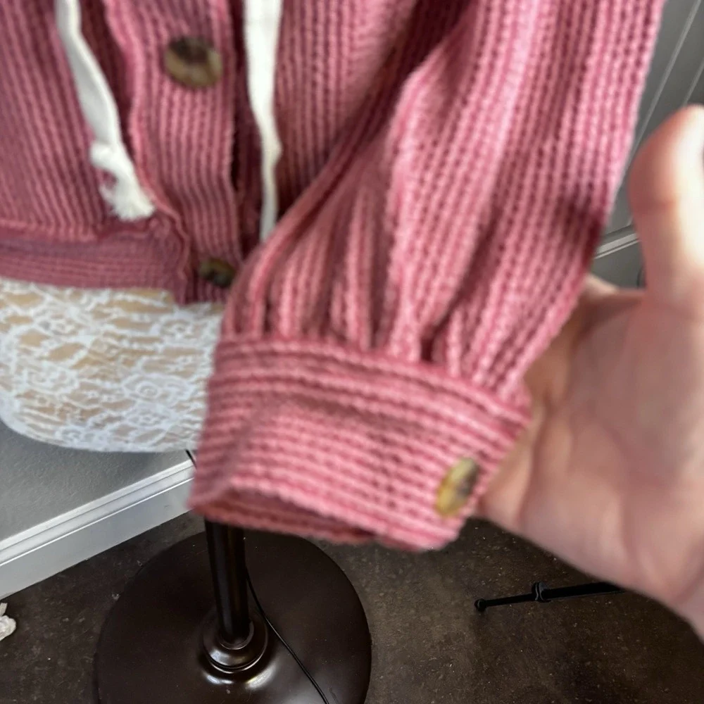 Reborn J PinkRibbed Knit  Button Up‎ Jacket W/ Contrast Hood M Soft Warm Pockets